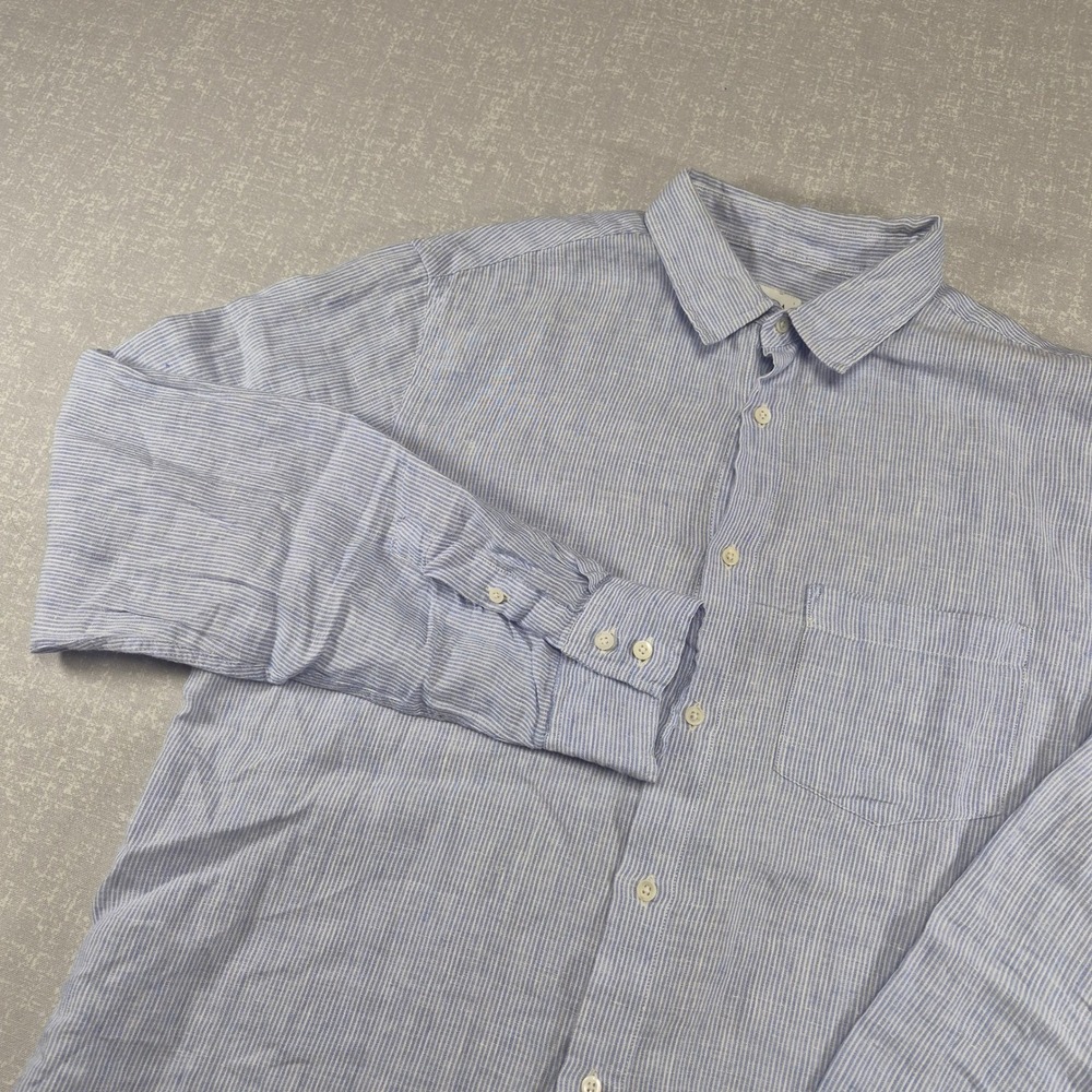 Zara Blue White Striped 100% Linen Long Sleeve Button Down Shirt Mens Medium